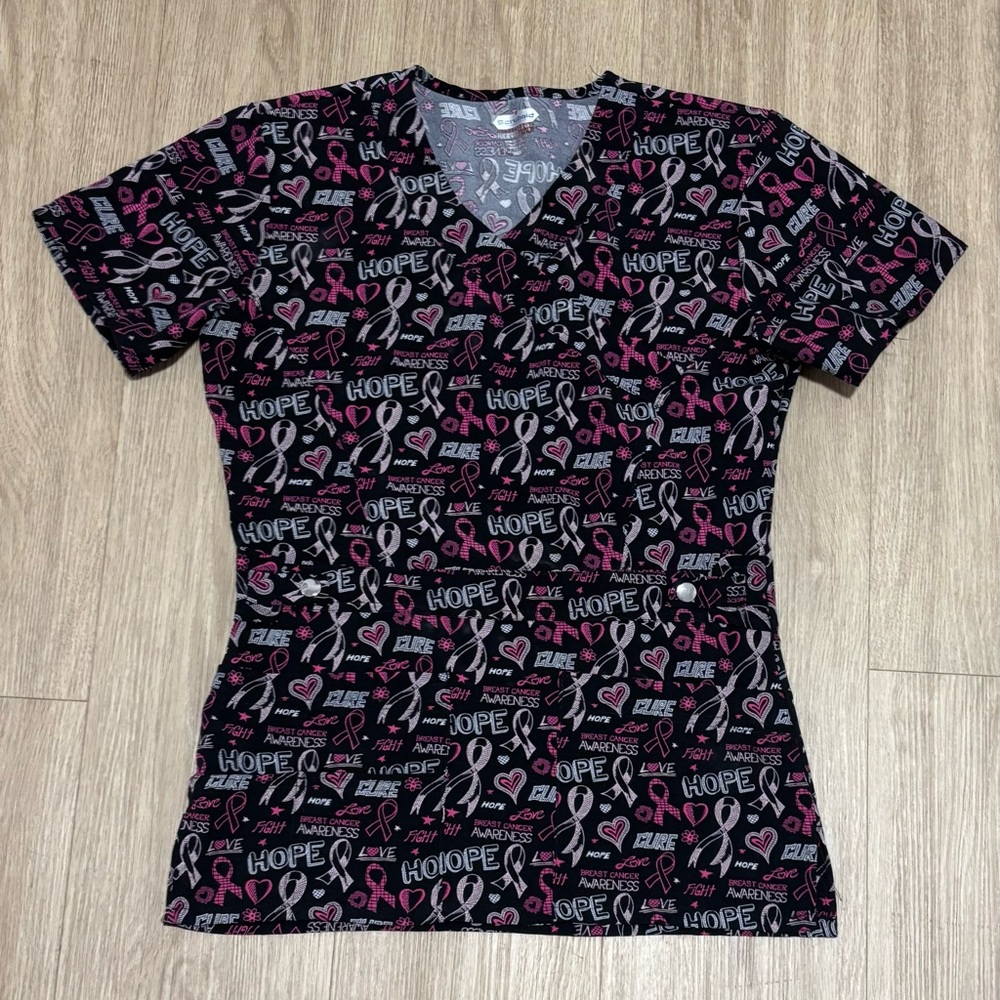 Breast Cancer Awareness Scrub Top Black & Pink Ribbon Hope Cure Graphics- Small